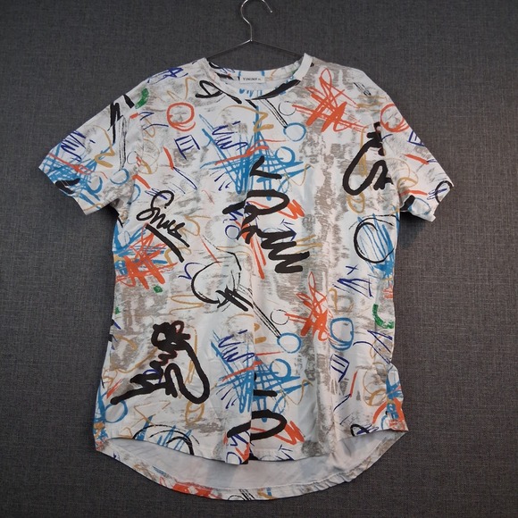 YININF Other - YININF Mens XL White Abstract Graffiti Print Short Sleeve Curved Hem T-Shirt